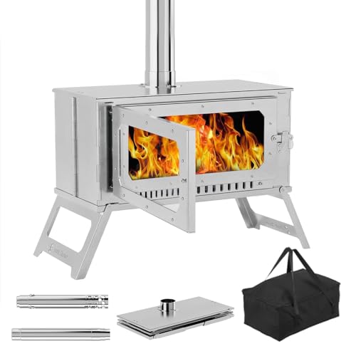 Camping Wood Stove, Stainless Steel Wood Burning Stove with Viewing Glass & 5 Chimney Pipes, Portable Hot Tent Stove for Outdoor Cooking and Heating