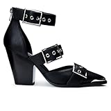 Migpuel Western Sandals for Women Chunky Wedge Heels Pointed Toe Pumps Ankle Strap Metal Buckle Strappy Heels Comfortable Fashion Casual Dress Shoes Black,11