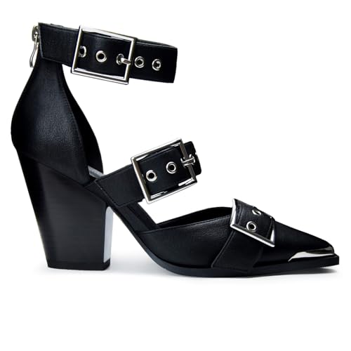 Migpuel Western Sandals for Women Chunky Wedge Heels Pointed Toe Pumps Ankle Strap Metal Buckle Strappy Heels Comfortable Fashion Casual Dress Shoes Black,11
