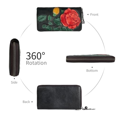 Image of Wallet Genuine Leather for Women - with RFID Blocking Card checkbook ID Slot Large Capacity Vintage style (big rose black)