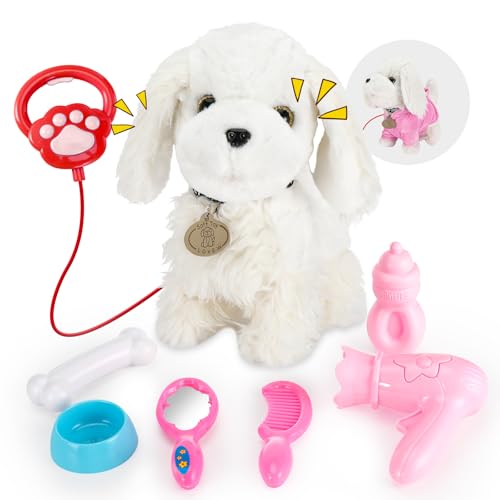 GuKKK Hund Spielzeug Kinder Mit Leine Der Läuft, und Bellt Spielzeug, Kinder Interaktives Spielzeug Hund, Elektronische Haustiere mit Funktion, für 3-6 Jahre Alte Mädchen Jungen Geschenkideen(Weiß)