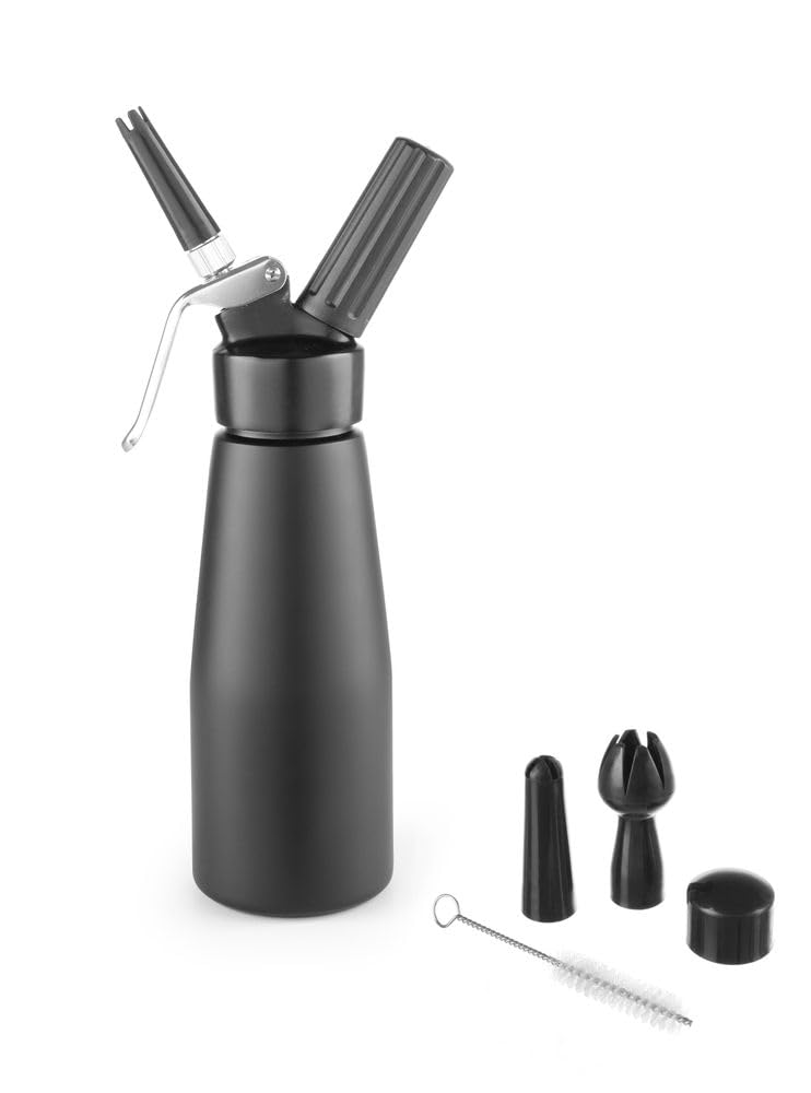 HENDI Siphon à chantilly, avec 3 douilles en polypropylène ainsi que 1 brosse de nettoyage, pour mousses, desserts et sauces, siphon à crème, 500ml, ø80x(H)260mm, aluminium, noir