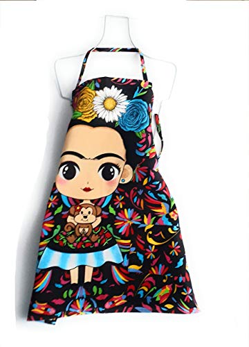 Apron In Black Otomi Mexican Artist Cotton With Helpful Pockets/Delantal Mandil Mexicanos Para Mujer De Cocina Mexican Apron Frida Gifts Delantales Frida Cartoon Character Colorful #TOP3