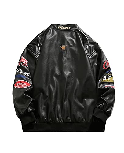 Image of Aelfric Eden Letter-Embroidered Racing Jacket Mens Cool PU Jackets Button Closure Coats