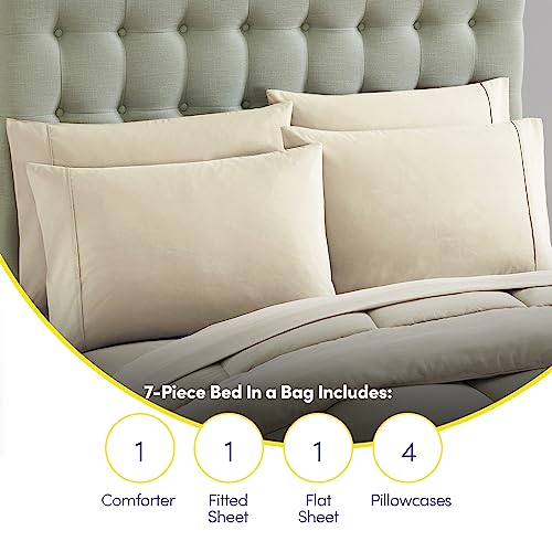 Sweet Home Collection 7 Piece Comforter Set Bag Solid Color All Season Soft Down Alternative Blanket & Luxurious Microfiber Bed Sheets, Beige, Queen