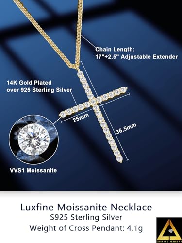 Moissanite Cross Necklace for Women, 925 Sterling Silver Diamond Crucifix Pendant, 14K White Gold Plated Iced Out Jesus Christian Jewelry, Birthday Wedding Christmas Gift (17+2.5” Adjustable Chain, with Box)2