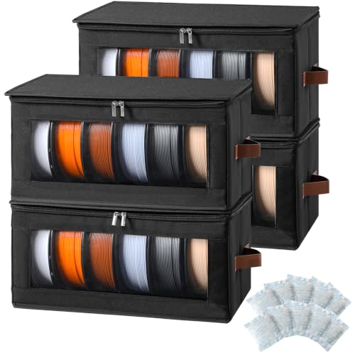 Qozary Filament Storage Box, 4 Pack Filament Container for 3D Printing | Holds 24 Rolls, Includes Desiccants, Zippered Lid, Water-Repellent Fabric, For PLA, ABS, PETG, TPU