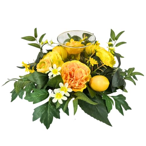 Lnymura 17 Inch Lemon Floral Centerpiece with Glass Hurricane Candle