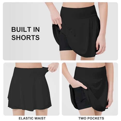 B&GCozy Girls Tennis Skirt, Double Ruffle Golf Running Yoga Workout Skorts with Pockets, Black 8-9 Years4