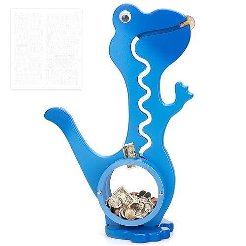 AORCMITN Wooden Dinosaur Piggy Bank for Boys Kids Girls Big Clear Animal Belly Coin Bank Toddler Real Money Toy（Dino-Blue）