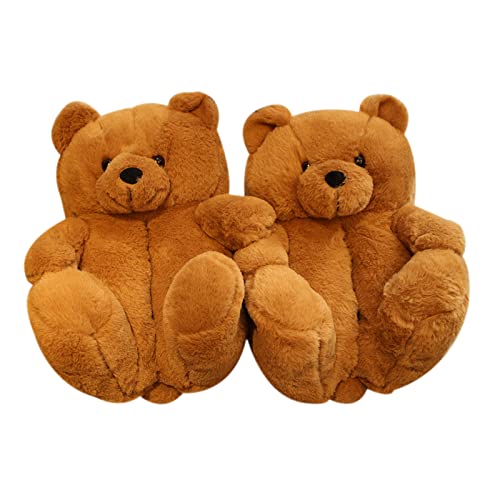 Seyomi US 6-9 Cute Teddy Bear Plush Home Indoor Slippers Ladies Soft Anti-Slip Faux Fur Comfortable Soft Winter Warm Cartoon Shoes