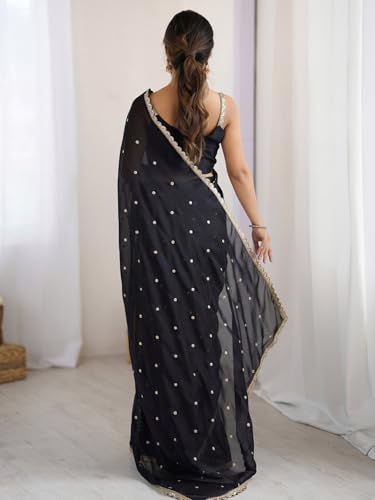Image of AKHILAM Women's Pure Georgette Embroidered Saree With Unstitched Blouse Piece