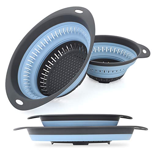 Gemjia Colander Set - 2 Collapsible ColandersIncludes 2 Folding Silicone Strainers Sizes 3 Quart and 5 QuartSafe Kitchen Folding Strainer for PastaVeggies and FruitsBPA Free Blue
