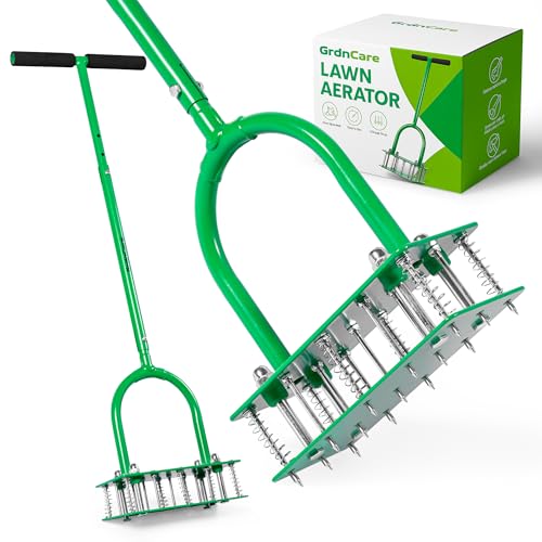 Manual Aerator Lawn Tool With 15 Iron Spikes, 6-Spring Self-Cleaning Heavy-Duty Lawn Aerator Tool - Automatic Reset & Dirt / Leaf Clean System For Soil Loosening & Dethatching In Yard, Patio & Garden