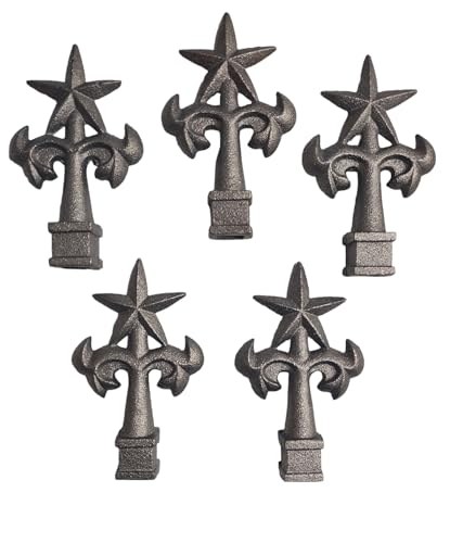Image of Cast Iron Fence Finials, Multiple Decorative Styles & Sizes, 1 /2 inch to 1 inch Inch Square and Round Spears, Fleur de Lis Design (1 /2 inch Star SQ, 5)