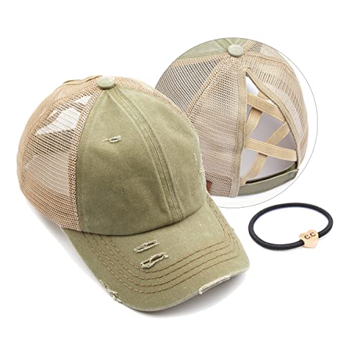 Image of C.C Exclusives Hatsandscarf Washed Distressed Cotton Denim Ponytail Hat Adjustable Baseball Cap (BT-13)