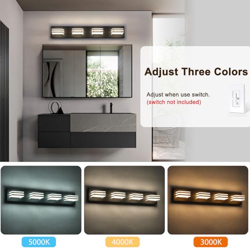 Image of 4-Light LED Black Vanity Lights for Bathroom Light Fixtures Adjust 3 Colors Modern Bath Lighing Over Mirror LED Vanity Light 27inch Acrylic Heads