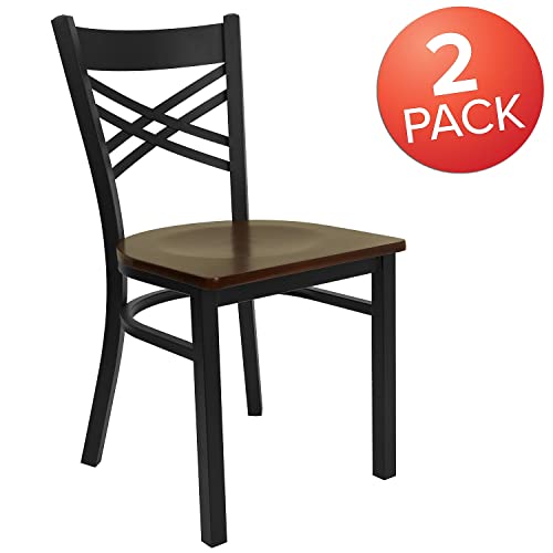 Image of Flash Furniture 2 Pack HERCULES Series Black ''X'' Back Metal Restaurant Chair - Mahogany Wood Seat