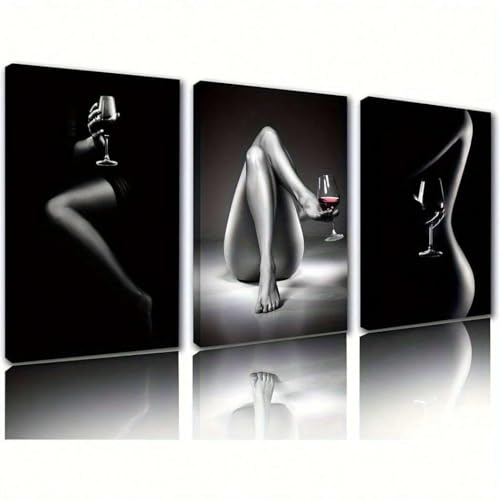 Affiche sur toile femme sexy et verre de vin noir et blanc 40x60cm pour salon