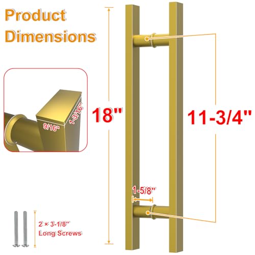 Image of 18 inch Titanium Gold Square Barn Door Pull Handle Double Sided | Heavy Duty 304 Stainless Steel, 11-6 /8 inch Hole Spacing, Fits 3 /4 inch-2 inch Thick Barn, Front Entry, Sliding & Exterior Doors