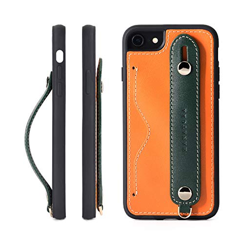 HANATORA iPhone SE3/SE2 /8/7 グリップケース レザー 本革 ストラップ付属 イタリア製牛革 ヌメ革 片手操作 カード収納 スタンド機能 メンズ レディース オレンジ/グリーン CGH-8SE-Orange-GN