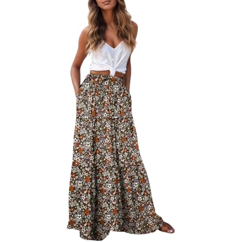 Womens Boho Floral Print Ruffle Flowy Maxi Skirt Drawstring Elastic Waist Tiered Beach Long Skirts with Pockets