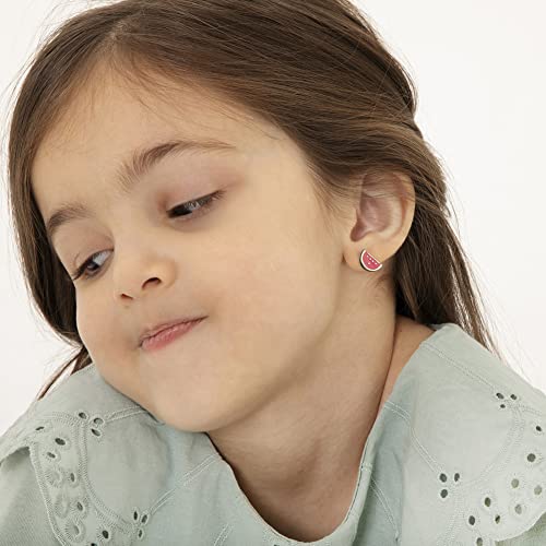 925 Sterling Silver Fuchsia Enamel Watermelon Fruit Girls Screw Back Earrings - Fruit Earrings for Toddlers, Young Girls and Pre Teens - Bright Colored Fruit Enamel Earrings2