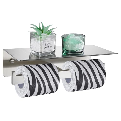 Image of Angle Simple Double Toilet Paper Holder with Shelf, Brushed Nickel | SUS304 Stainless Steel, 2 in 1 Tissue Roll Holder, Top Shelf for Phone Wet Wipes, Hold 2 Rolls for Backup, Screws Wall Mount