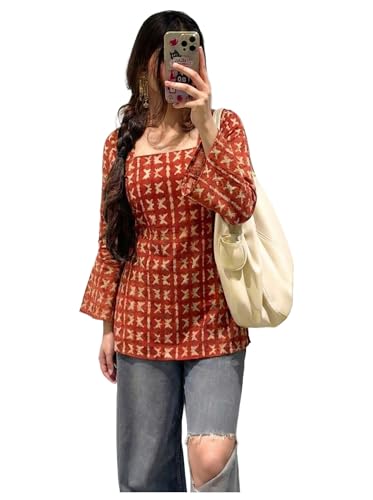 Image of ANNI Designer Women's Viscose Blend Printed Short Kurti | Straight Fit Casual Ethnic Top | Square Neck Full Sleeve Kurta Office College