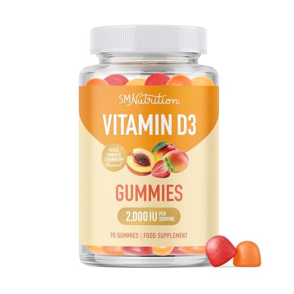 Vitamin D3 Gummies for Adults | 2000 IU (50mcg) Per Serving | Bone Health, Immunity, & Mood Support* | 1000 IU Per Gummy | Vegetarian, Gluten-Free, Third-Party Tested | 90 Gummies (45-Day Supply)