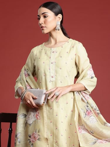 Image of INDO ERA Women's Linen Embroidered Straight Kurta and Pant with Dupatta Set (KH9PK9800)