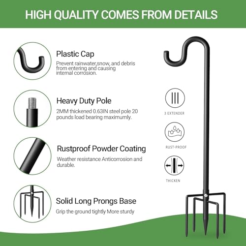 Image of Shepherd Hook for Outdoor, Heavy Duty Bird Feeder Pole with 5 Prong Base, Adjustable Height Bird Feeder Stand Ideal for Hanging Bird Feeders, Plant, and Garden Decorations
