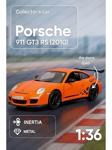 Image of 1:36 Porschee GT3 RS 2010 Alloy Sports Car Model - Diecast Metal Pull Back Toy with Openable Doors, Inertia Action, Collectible Car for Kids & Adults-Orange