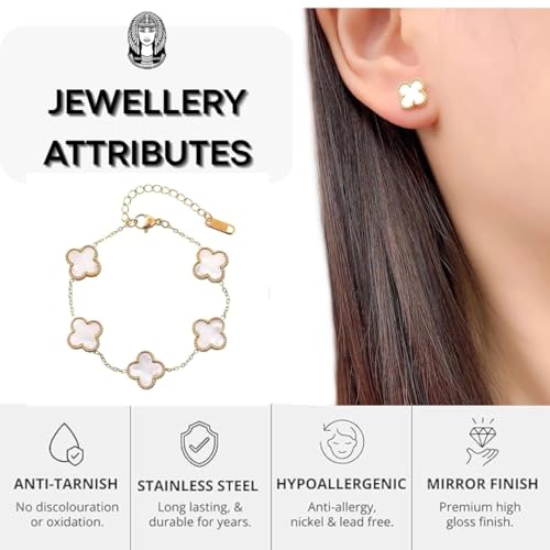 Image of Stylish Gold-Plated White Clover Bracelet & Earrings Set for Women | Premium Anti-Tarnish, Hypoallergenic Jewellery | Gift Combo