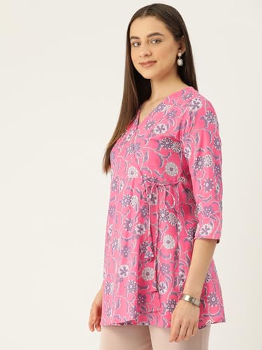 Image of feranoid Floral Print Angrakha 3 Sleeves Flared Kurti