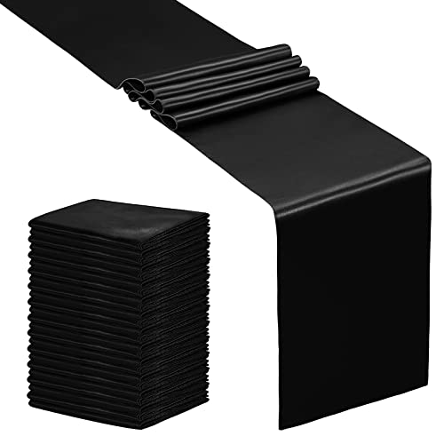 SiinvdaBZX 24 caminos de mesa de satén negro de 12 x 108 pulgadas de largo, camino de mesa de satén suave y brillante para fiestas de cumpleaños, bufé, banquetes, graduaciones, compromisos