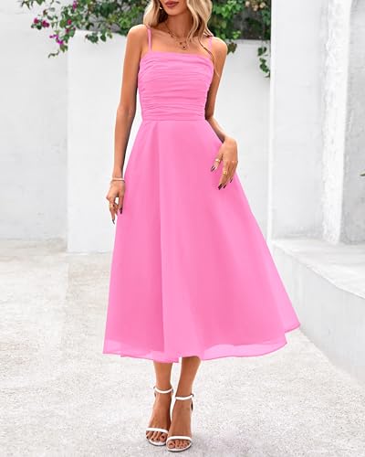 Image of PRETTYGARDEN Womens Summer Dresses 2025 Spaghetti Strap Sleeveless Smocked Flowy Midi Wedding Guest Dress with Pockets