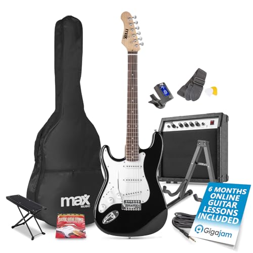 MAX left handed electric guitar pack with foot rest and stand, complete starter kit for adults or kids – 40W amp, gig bag, strap, tuner, cable, picks, spare strings, footrest and stand included
