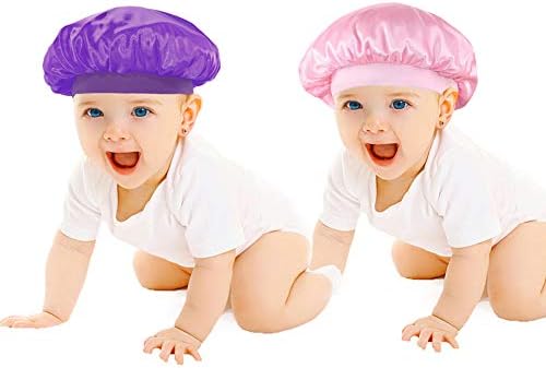 DuoZan 2 PACK Kids Satin Bonnets Night Sleeping Cap Wide Band Shower Cap Bath Hats for Baby Children Toddler (Purple+Pink)