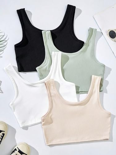 Milumia Girl's 4 Pack Ribbed Knit Scoop Neck Sleeveless Casual Basic Crop Tank Tops2