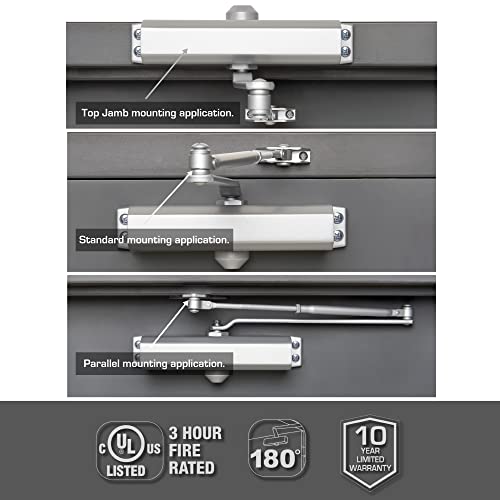 Brinks Commercial - Medium Duty Residential Door Closer, Aluminum Finish - Size 3 With A 180-Degree Opening Range And Adjustable Closing Speed #TOP5