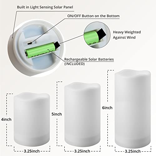 NURADA Large Outdoor Solar Powered Candles - Flameless Pillar Waterproof Rechargeable Candle Set, White Resin, LED Light,Rechargeable Solar Battery Included, for Patio Decor, 3.25"x4"5" 6" - Image 6