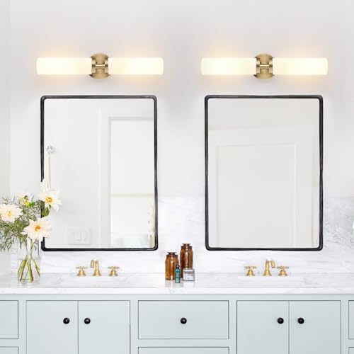 Image of Indoi Wall Sconces Set of Two, Hardwired Brass Bathroom Sconces Wall Lighting with Milky White Glass, Modern Sconces Wall Decor Set of 2 Bathroom Light fixtures for Mirror Living Room Hallway Bedroom