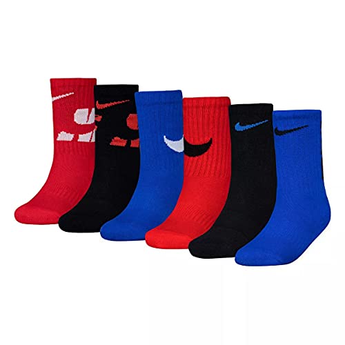 Nike Boy`s Cushioned Crew Socks 6 Pack (Blue(BN0464-U10)/Red/Black, 5-7 (Kids 10C-3Y))