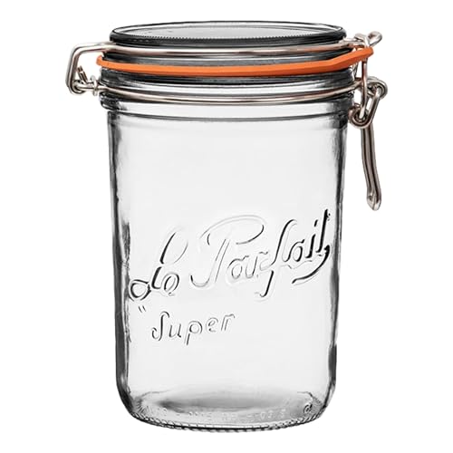 Le Parfait Super Terrine 1L (32oz) French Glass Canning Jar with Airtight Rubber Seal & Wire Bail Closure - BPA-Free Preserving Jar for Water Bath Canning, Food Storage & Gifting - Made in France