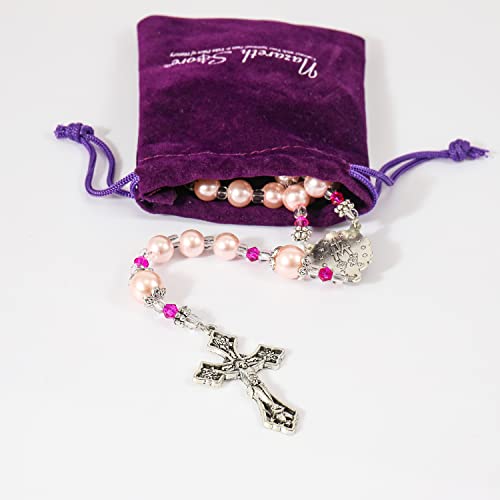 Nazareth Store Pink Pearl Beads Womens Rosary Handcrafted Beaded Necklace with Miraculous Medal and Jesus Cross - Thumbnail 5