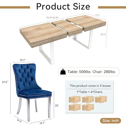 Image of Oak Dining Room Table Set for 6, 7-Piece 63 inch-78.74 inch Extendable Dining Table Set with 6 Upholstered Chairs, Rectangle Wooden Expanding Kitchen Table and Blue Chairs Set
