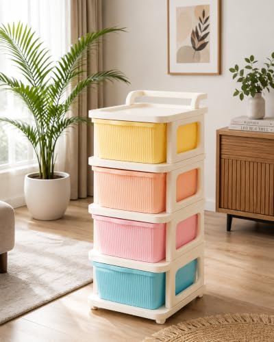 Image of Heavy Duty Plastic Storage Drawer with Wheels | Modular Cabinet for Bedroom, Office, Home or Classroom| Chest of Drawers Organiser for Cosmetics, Kitchen items, Toys (Multicolor, 4)