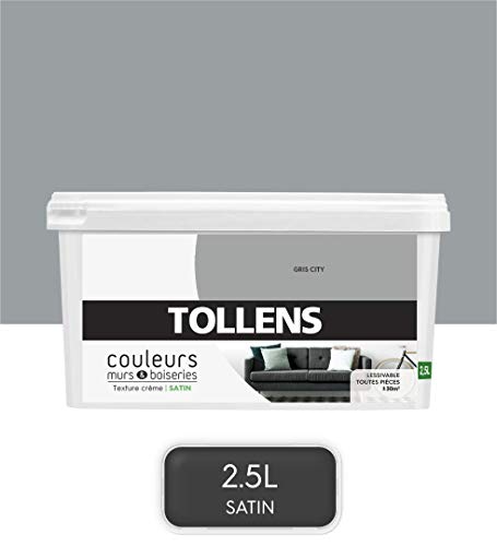 TOLLENS - Peinture Couleurs - Murs et Boiseries - Toutes pièces - Ultra résistante - Satin - Gris City - 2,5L = 30m2