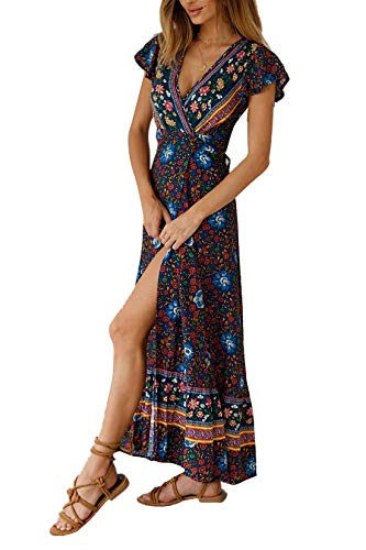 Vestido de praia casual feminino manga curta gola V vintage roupa de praia maxi vestido de verão